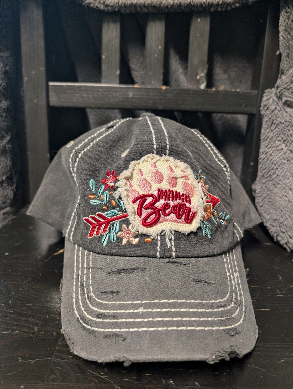 Mama Bear Embroidered Distressed Baseball Cap - Charcoal Gray Velcro Floral
